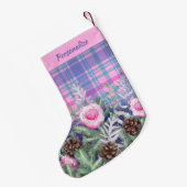 Pink Blue Tartan Roses Pinecones Personalized スモールクリスマスストッキング (裏面 (吊り時))