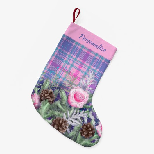 Pink Blue Tartan Roses Pinecones Personalized スモールクリスマスストッキング (正面 (吊り時))