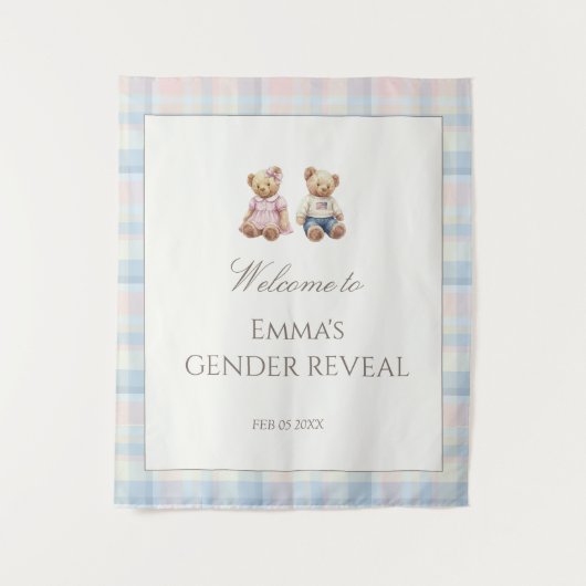 Pink Blue Teddy Bear Baby Shower タペストリー (正面)