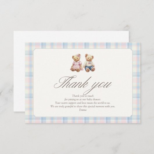 Pink Blue Teddy Bear Thank You Gender Reveveal サンキューカード (正面/裏面)