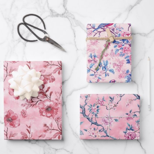 Pink Blue Toile Chinoiserie Floral Birthday Gift W ラッピングペーパーシート (正面)