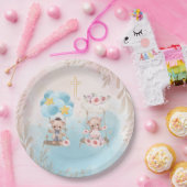 Pink & Blue Twin Teddy Bears on Swing Gold Cross  ペーパープレート (パーティー)