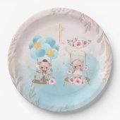 Pink & Blue Twin Teddy Bears on Swing Gold Cross  ペーパープレート (正面)