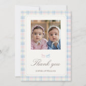 Pink blue Twins Beary First Birthday サンキューカード (正面)