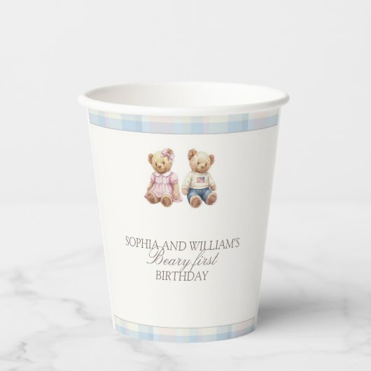Pink blue Twins Beary First Birthday Paper Cups 紙コップ (正面)