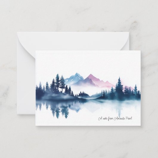 Pink & Blue Watercolor Mountains & Dark Pine Trees ノートカード (正面)