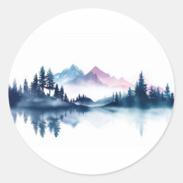 Pink & Blue Watercolor Mountains & Dark Pine Trees ラウンドシール