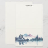 Pink & Blue Watercolor Mountains & Dark Pine Trees 便箋 (正面/裏面)