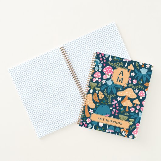 Pink Blue Whimsical Mushroom Pattern Monogram ノートブック (内部)