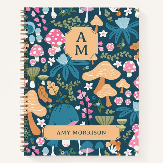 Pink Blue Whimsical Mushroom Pattern Monogram ノートブック (正面)