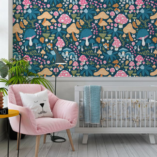 Pink Blue Whimsical Mushroom Pattern Nursery 壁紙