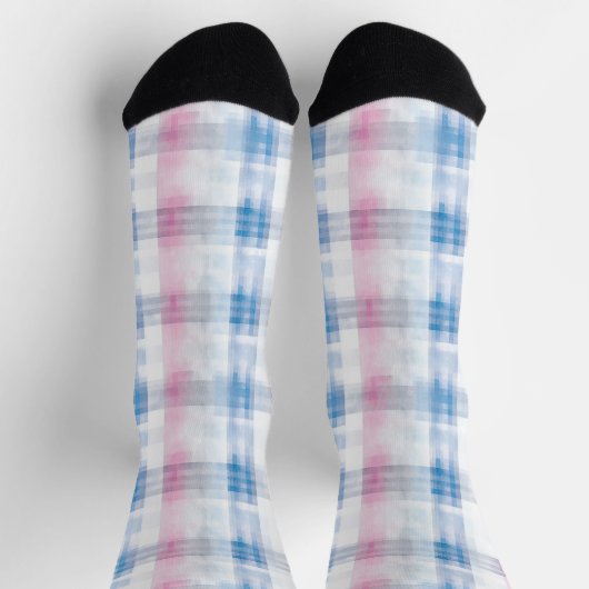 Pink Blue White Plaid Stripes ソックス (上部)