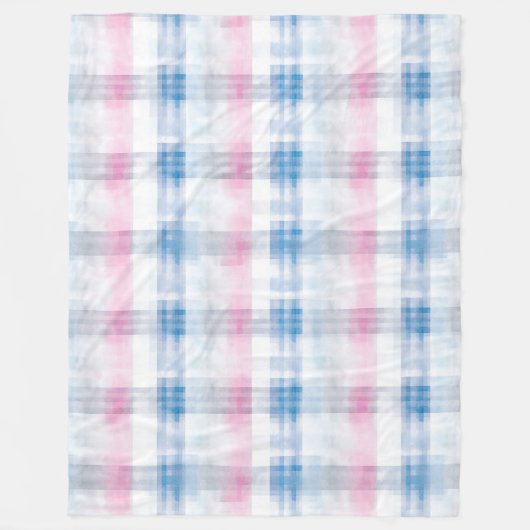 Pink Blue White Plaid Stripes フリースブランケット (正面)