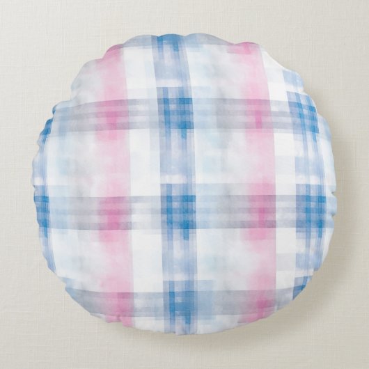 Pink Blue White Plaid Stripes ラウンドクッション (正面)