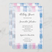 Pink Blue White Plaid Stripes Baby Shower 招待状 (正面/裏面)