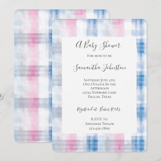 Pink Blue White Plaid Stripes Baby Shower 招待状 (正面/裏面)