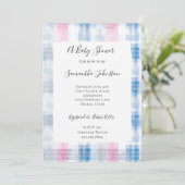 Pink Blue White Plaid Stripes Baby Shower 招待状 (スタンド正面)