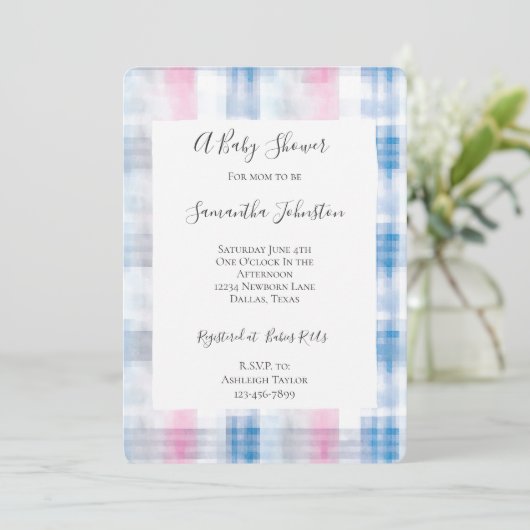 Pink Blue White Plaid Stripes Baby Shower 招待状 (スタンド正面)