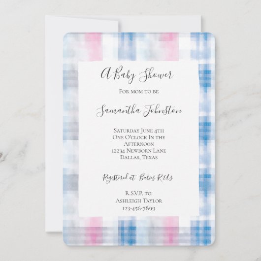 Pink Blue White Plaid Stripes Baby Shower 招待状 (正面)