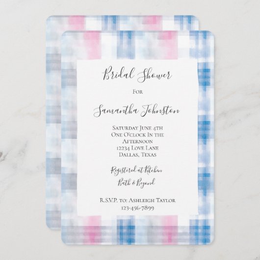 Pink Blue White Plaid Stripes Bridal Shower 招待状 (正面/裏面)