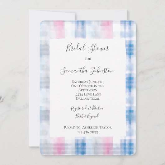 Pink Blue White Plaid Stripes Bridal Shower 招待状 (正面)