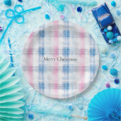 Pink Blue White Plaid Stripes Christmas ペーパープレート (パーティー)