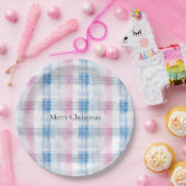 Pink Blue White Plaid Stripes Christmas ペーパープレート (パーティー)