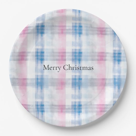 Pink Blue White Plaid Stripes Christmas ペーパープレート (正面)