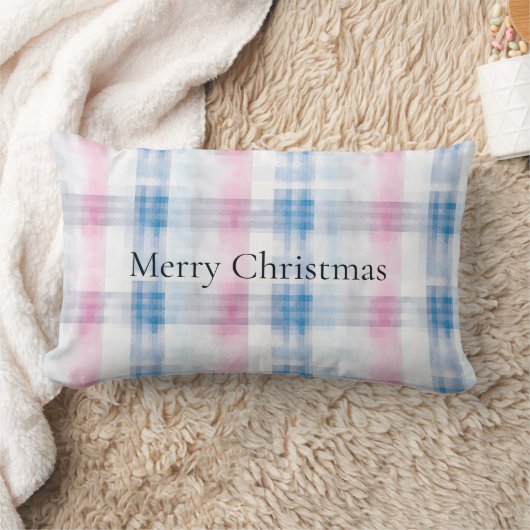 Pink Blue White Plaid Stripes Christmas ランバークッション (ブランケット)