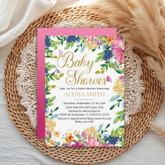 Pink Blue Yellow Floral Butterflies Baby Shower 招待状