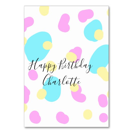 Pink blue yellowhappy birthday kids shapes abstrac テーブルナンバー (正面)