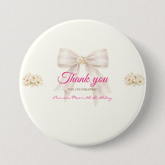 Pink Blush Bow Princess Ribbon Thank You Pin 缶バッジ (正面)