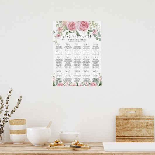 Pink Blush Floral Flowers Wedding Seating Chart ポスター (キッチン)