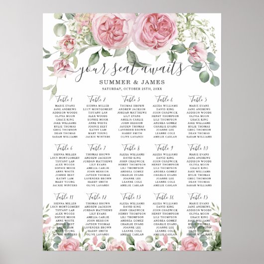 Pink Blush Floral Flowers Wedding Seating Chart ポスター (正面)