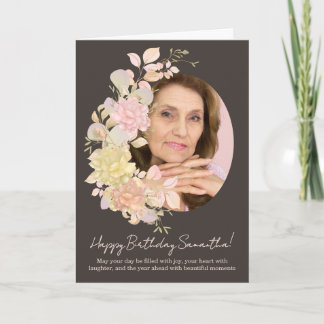 Pink Blush Floral Photo Frame Birthday Greeting カード