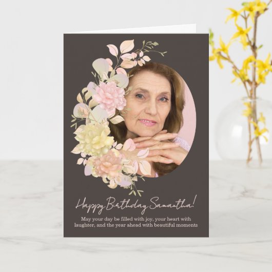 Pink Blush Floral Photo Frame Birthday Greeting カード (黄色い花)