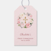 Pink blush floral wreath cross First Communion DIY ギフトタグ (正面)