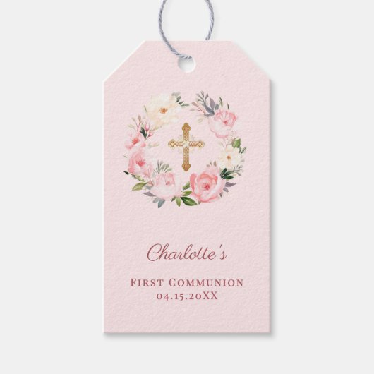 Pink blush floral wreath cross First Communion DIY ギフトタグ (正面)