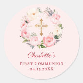Pink blush floral wreath First Communion ラウンドシール (正面)