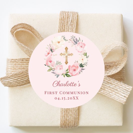 Pink blush floral wreath First Communion ラウンドシール