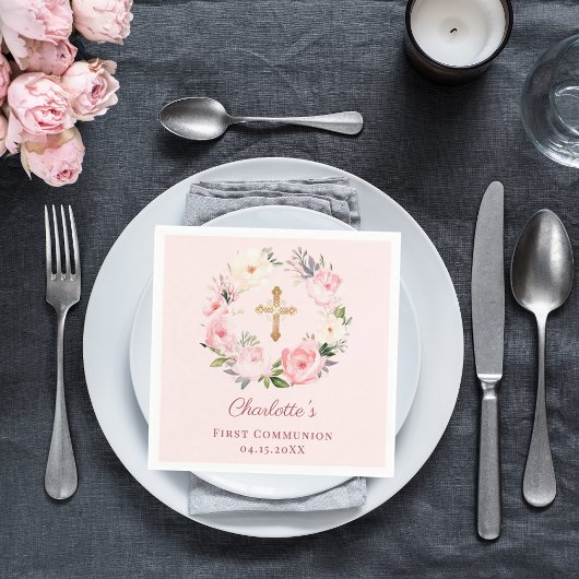Pink blush floral wreath First Communion luncheon スタンダードランチョンナプキン