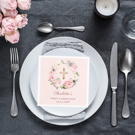 Pink blush floral wreath girl First Communion スタンダードカクテルナプキン