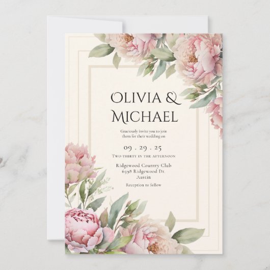 Pink Blush Peonies Floral Elegant Wedding 招待状 (正面)