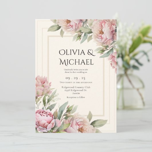 Pink Blush Peonies Floral Elegant Wedding 招待状 (スタンド正面)