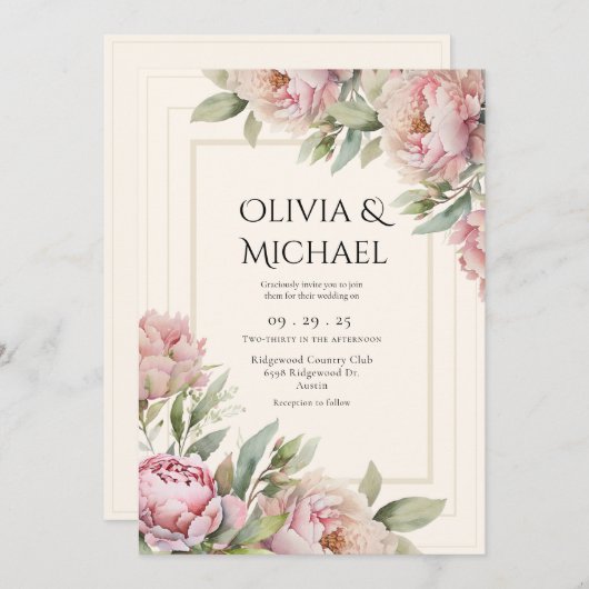 Pink Blush Peonies Floral Elegant Wedding 招待状 (正面/裏面)