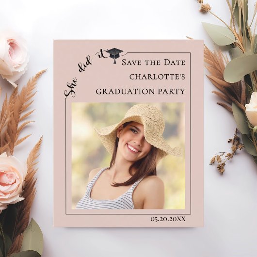Pink Blush Photo Graduation Party Save the Date チラシ