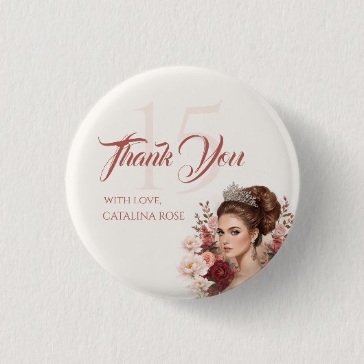 Pink Blush Rose Elegant Quinceañera Button Pin 缶バッジ (正面)