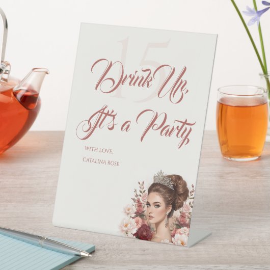 Pink Blush Rose Elegant Quinceañera Drinks Section 台座サイン (インサイチュ)