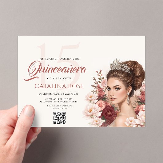 Pink Blush Rose Elegant Quinceañera QR Code アクリル招待状 (インサイチュ (ポータブル))
