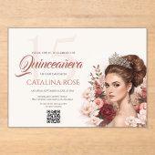 Pink Blush Rose Elegant Quinceañera QR Code アクリル招待状 (正面)